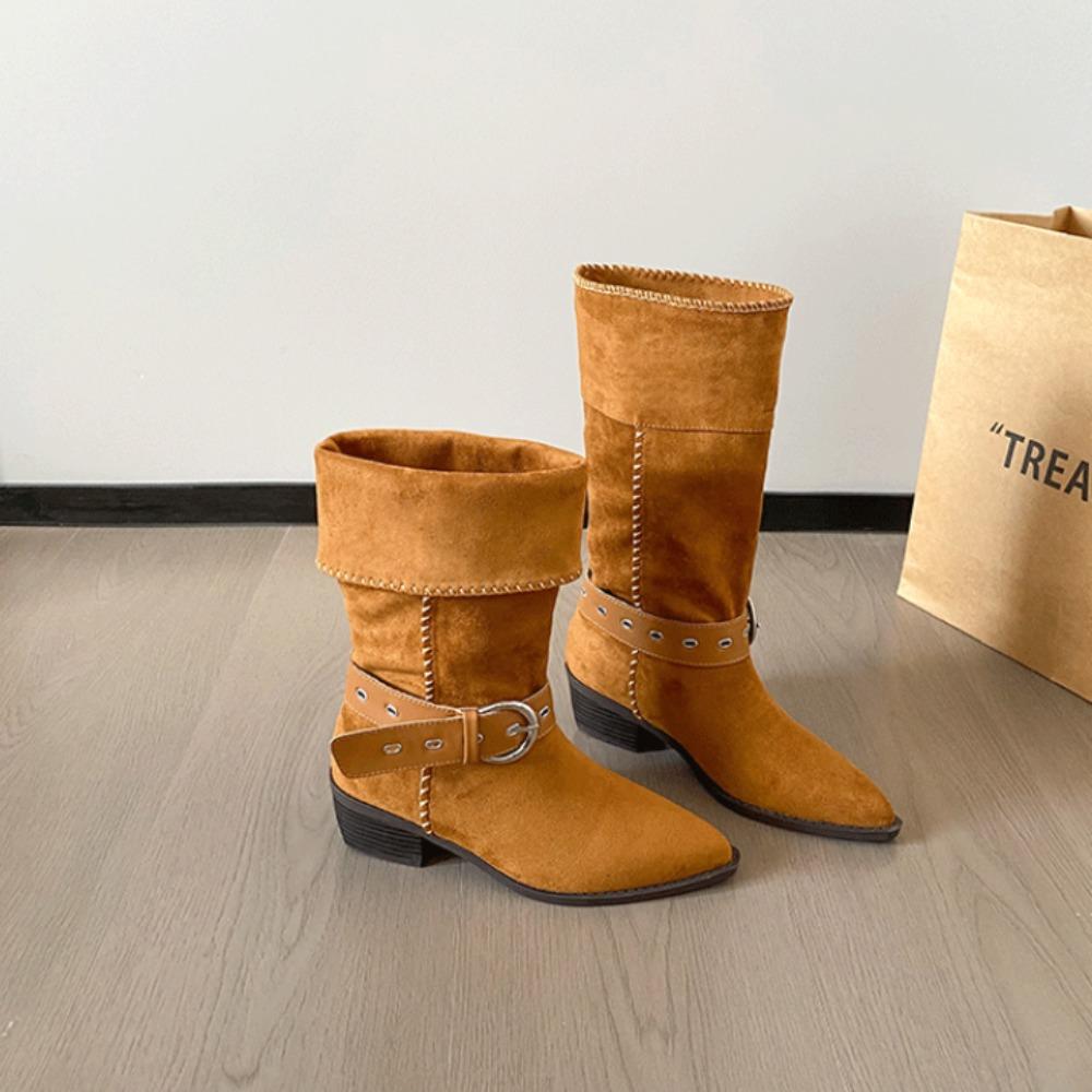 Women's High Boots Suede Retro Two-wear Medium Tube Pointed Boots Women's New Autumn Thick Heel Medium Heel Pleated Cowboy Boots