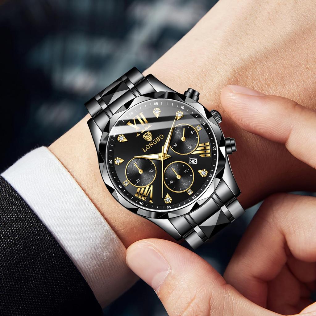 Stylish Men's Chronograph Wristwatch, Men's Business Quartz Movement, Stainless Steel Band, Sapphire Crystal, Waterproof, Luminous Blue, Best Gift