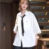 Girl's White with Tie Shirt Summer Loose Preppy Style Turn Down Collar Blouse Couple Short Sleeved Casual Tops