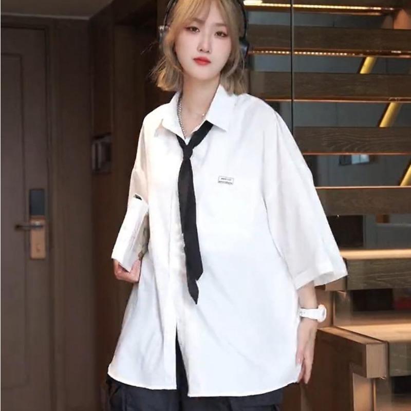 Girl's White with Tie Shirt Summer Loose Preppy Style Turn Down Collar Blouse Couple Short Sleeved Casual Tops