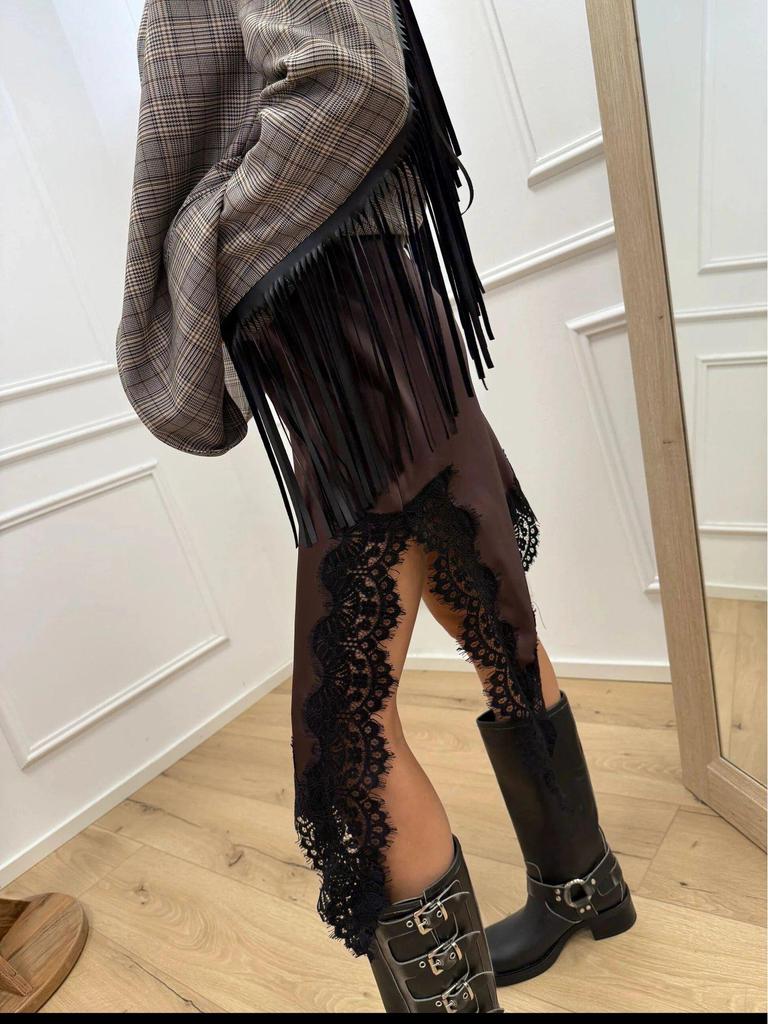 European-American 2025 Autumn Women's Satin Lace Slim A-line Midi Skirt with Irregular Slit
