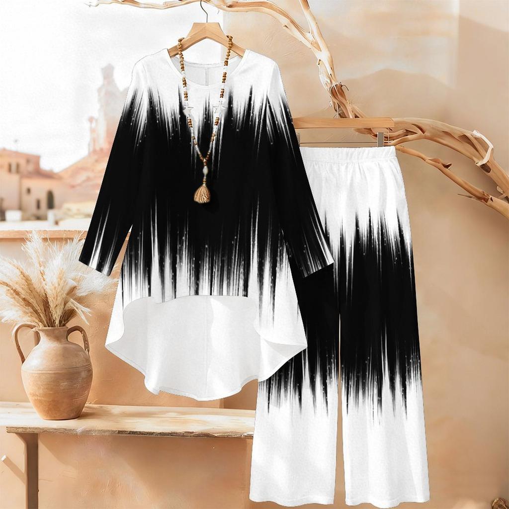 Geometric Pattern Print Two Piece Outfit Women Long Sleeve Irregular Hem Tunic Top Wide Leg Pants Casual Matching Set