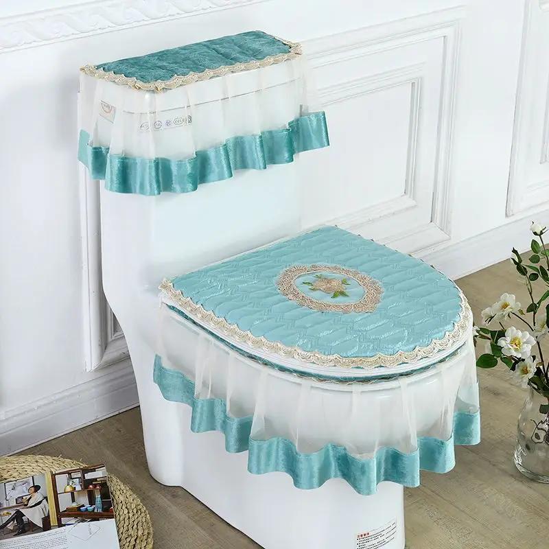 Ευρωπαϊκό κεντημένο πατάκι καθίσματος τουαλέτας Σετ τριών τεμαχίων Λούτρινο ζεστό ντουλάπι σκαμπό κάλυμμα σκόνης δαντέλα άκρο διάφανο μαξιλάρι καθίσματος τουαλέτας