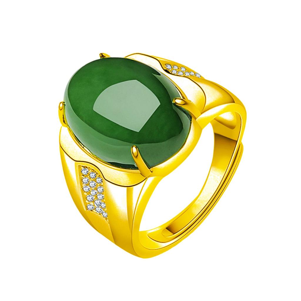 Groene Jade Chalcedoon Eivormige Baas Ring met Fijne Textuur
