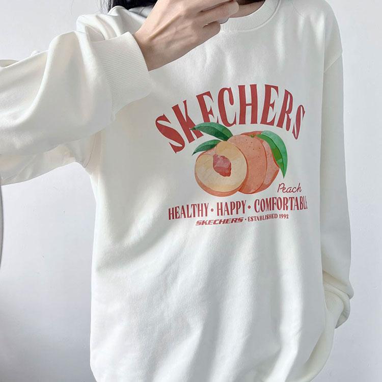 Skechers Aesthetic Series Peach Fruit Print Logo Solid Color Loose Comfortable Versatile Casual Crew Neck Sweatshirt Unisex sweatshirt L325U123-0074