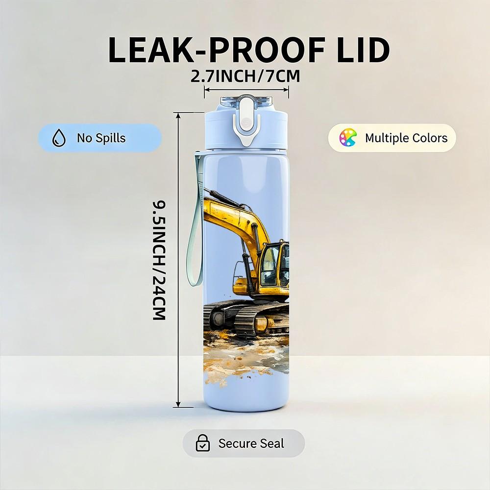 1PC Yellow Excavator Construction Vehicle Print 750ml Color Plastic Sports Water Bottle Leakproof Flip Straw Lid Suitable for Sports Office Home Use