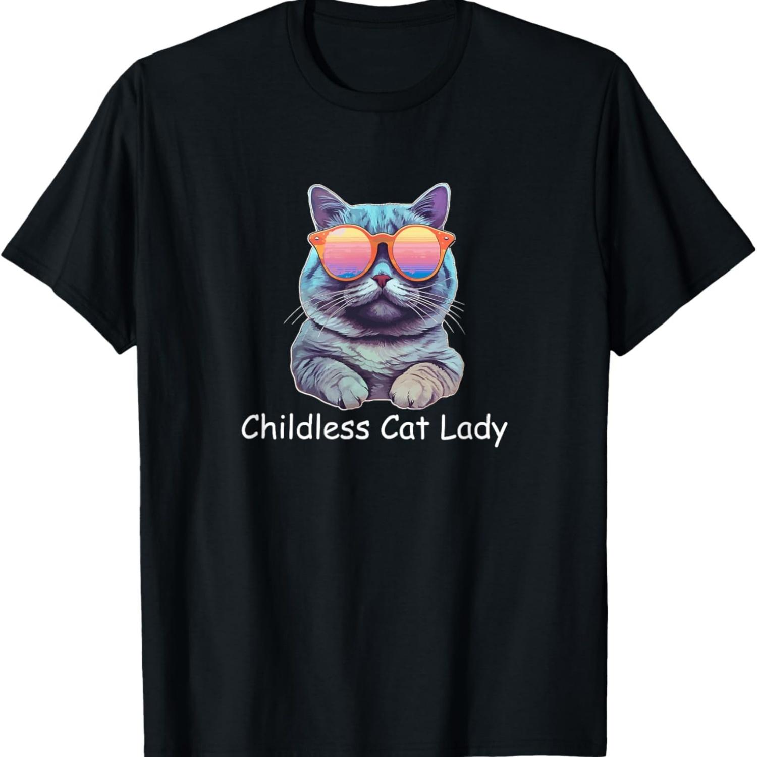 Childless Cat Lady in Retro Sunglasses Funny Cat Memes T-Shirt S чёрный