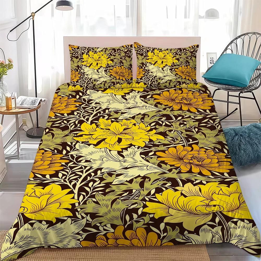 Housse de couette taie d'oreiller parure de lit florale néoclassique William Morris Décoration chambre adulte garçon fille Cadeau Taille simple double 135x200cm (2pcs)