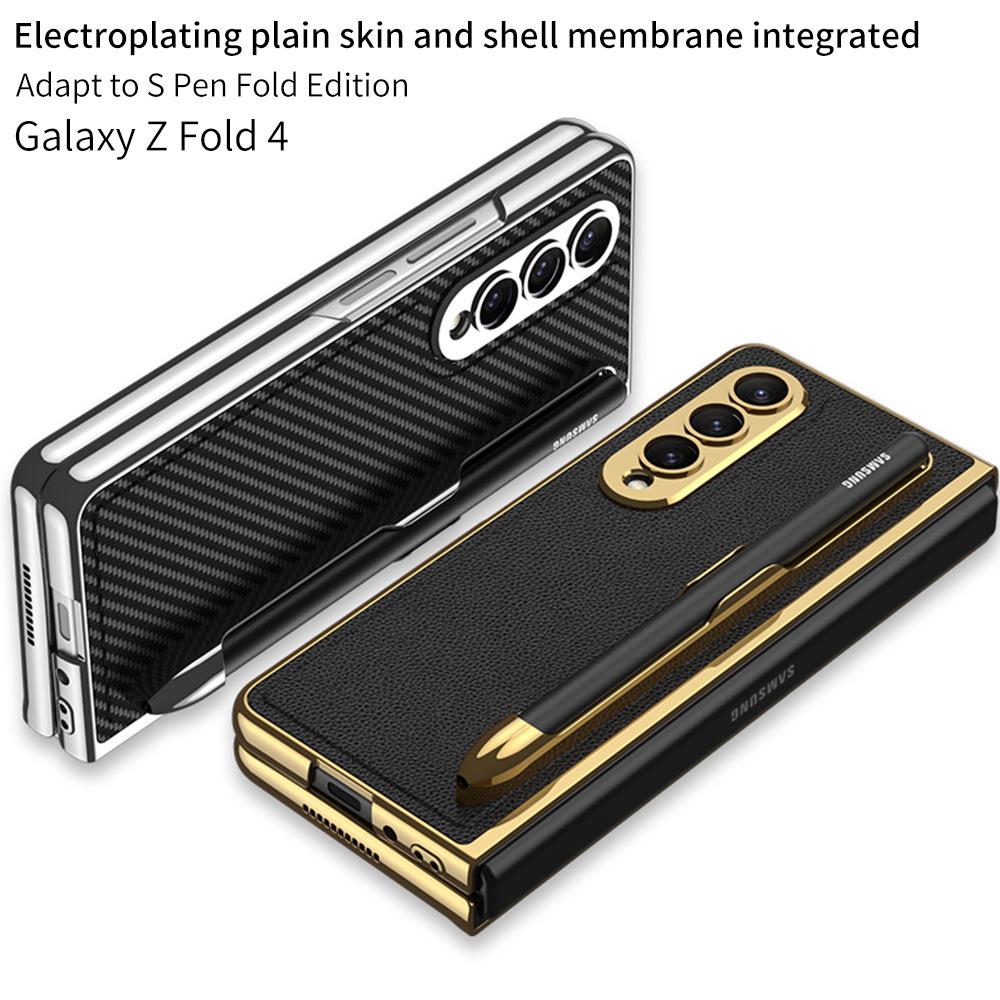 Samsung Z Fold 4 Pen Slot Leather Phone Case with Electroplated Finish and Camera Protection