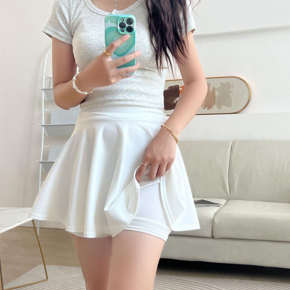 Summer Women's Basic Skirt Fashion Casual Mini Elastic Pleated Skirt Lined Shorts Girl Uniform Safety Pants Skirt Long 38CM