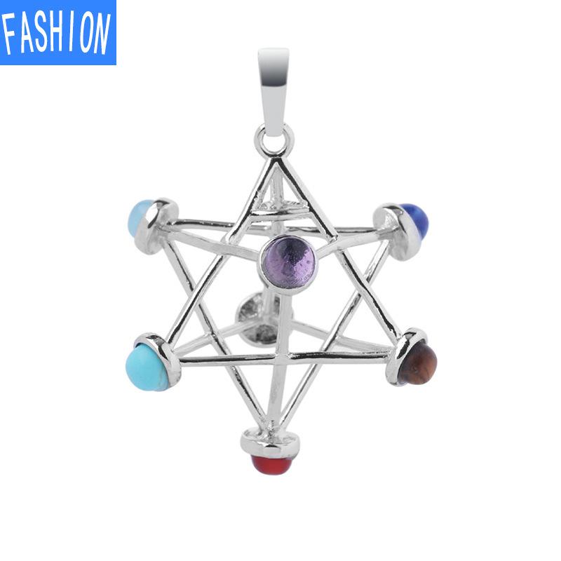 Religiøst Mysterium Tredimensjonalt Utskåret Melkaba Heksagram Energi Geometrisk Krystall Anheng Halskjede Syv Chakraer