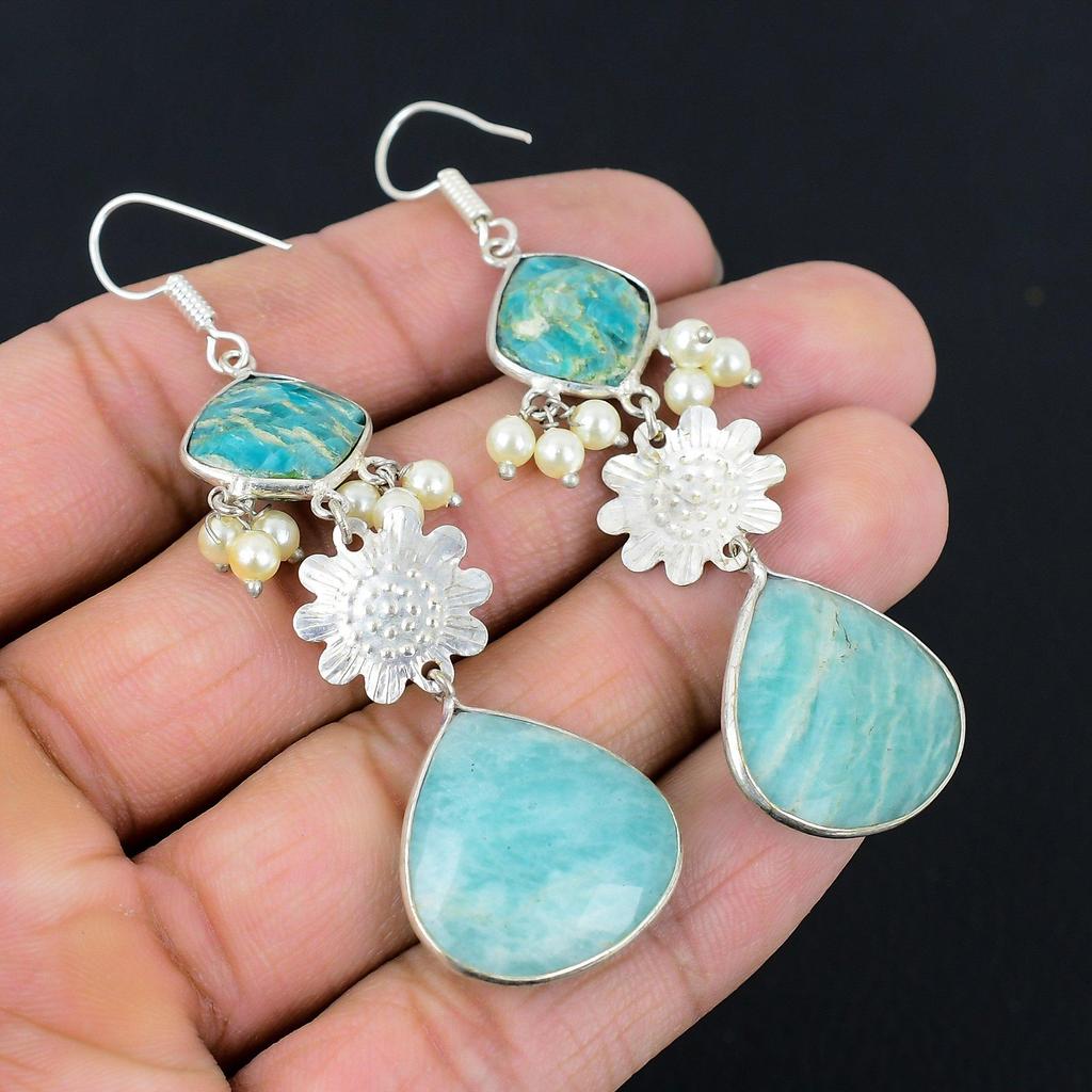 Daughters Day Deal 925 Silver Amazonite Gemstone Dangling Hook Earrings Jewelry