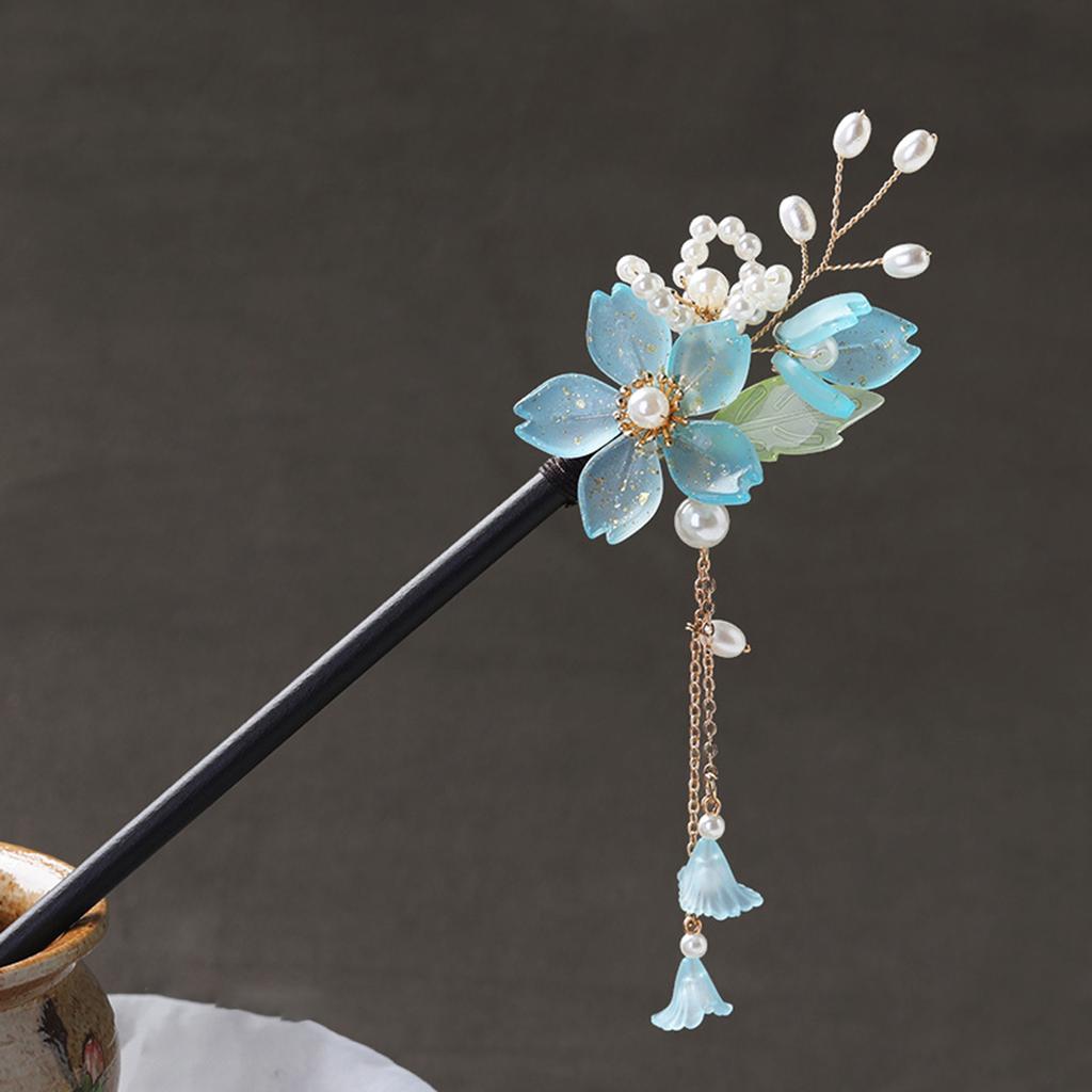 Flower Tassel Hairpin For Women Vintage Wooden Floral Hair Stick Elegant Hanfu Hair Accessories 18cm Updo Meatball Head Hairpins