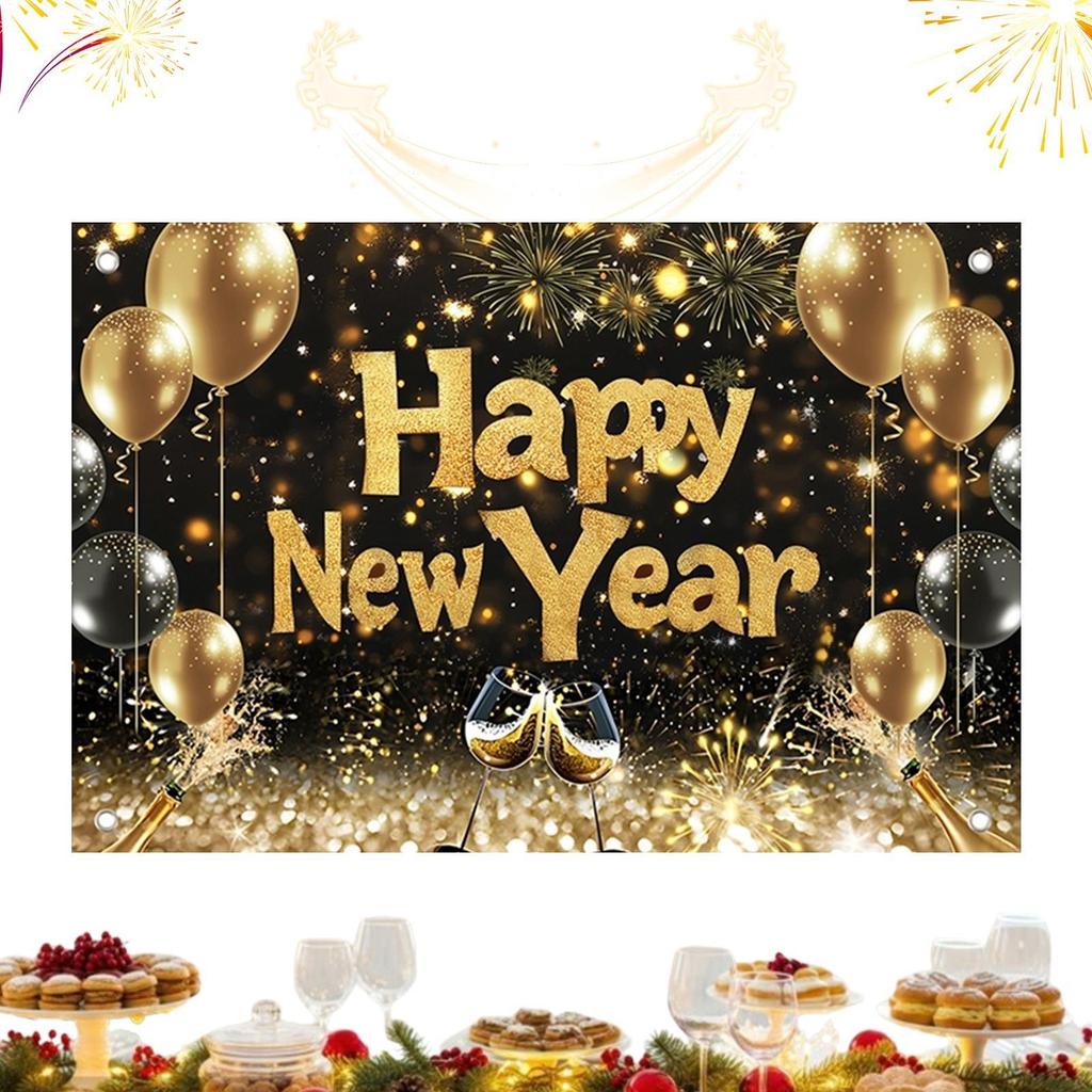 Black Gold New Year Backdrop Banner 2026 Happy New Year Christmas Party Background Decoration Gifts New Year Party Supplies