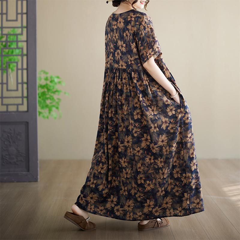 Short Sleeve Plus Size Cotton Vintage Floral New In Dresses for Women Casual Loose Maxi Long Summer Dress