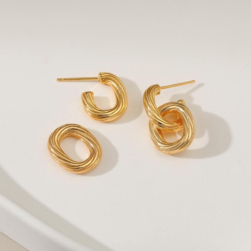 Vintage Embossed Handmade 18k Gold Plated Copper Irregular Oval Twisted Stud Earrings
