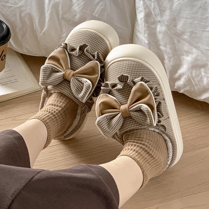 Cute bow cotton slippers autumn and winter warm outer wear versatile velvet thickened indoor home