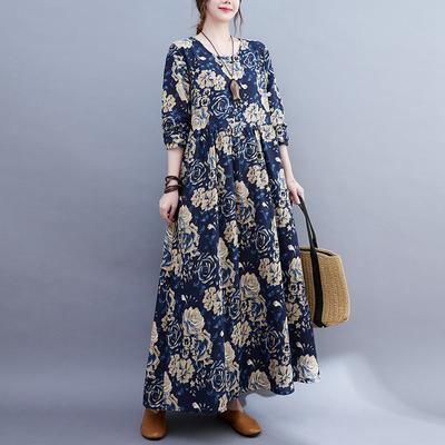 Vestido de Algodão e Linho Estampado com Gola Redonda e Mangas Longas, Tamanho Plus Size, Solto, Estilo Literário de Outono para Mulheres, Vestidos Vintage