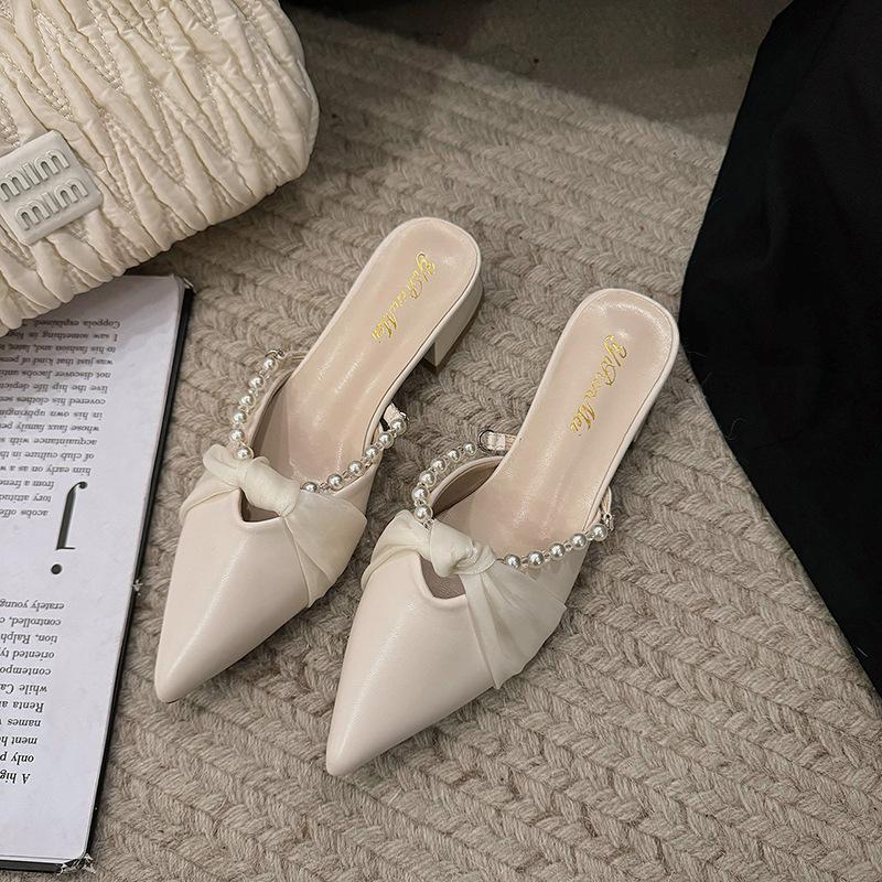 

Французские полушлепанцы на толстом каблуке с острым носком, женские, лето 2025, новые, маленькие, с острым носком, с юбкой, нежные полушлепанцы 40