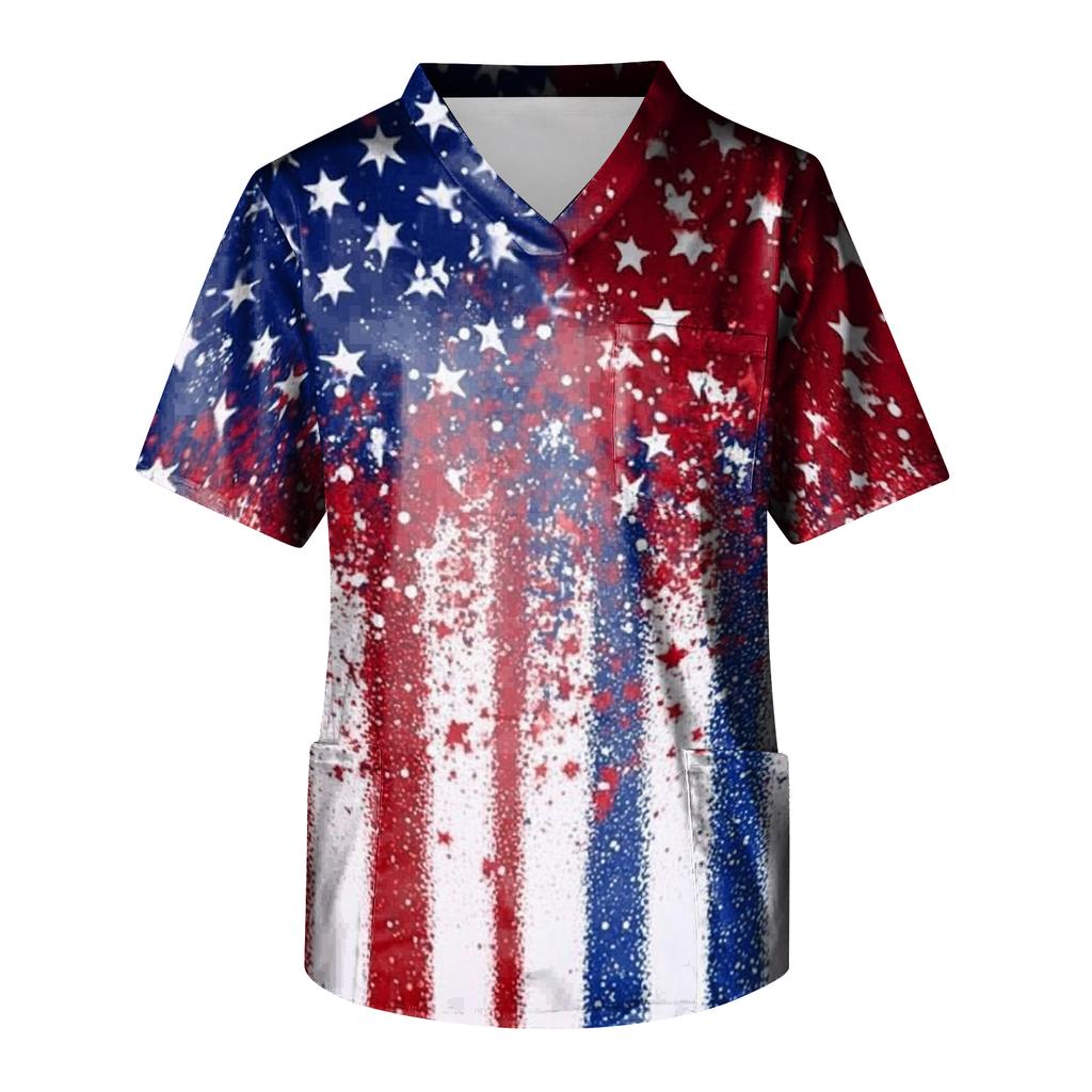 Unisex V Neck Short Sleeve Printed Scrub Top with Star Pattern Two Front Pockets Lightweight Comfortable Fit for Work Uniforms