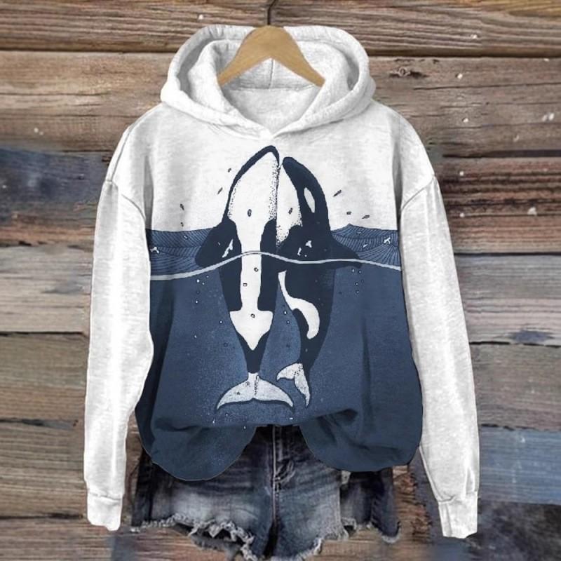 Womens 3D Printed Hooded Long Sleeve Sweatshirt Whale Shark Ocean Loose Fit Casual Top 2026 Fall Winter