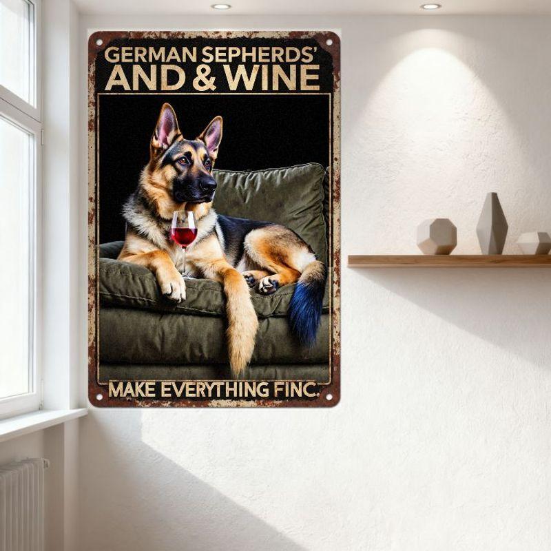 Vintage Rustic German Shepherd Dog Metal Tin Sign, Weathered Border, Glass of Wine On Green Chair, 'GERMAN SHEPHERDS AND WINE' &