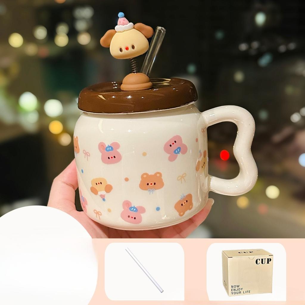 Creative Design Spring Puppy Ceramic Mug with Lid Cute Household Milk Oatmeal Cup Cartoon Cup Souvenir