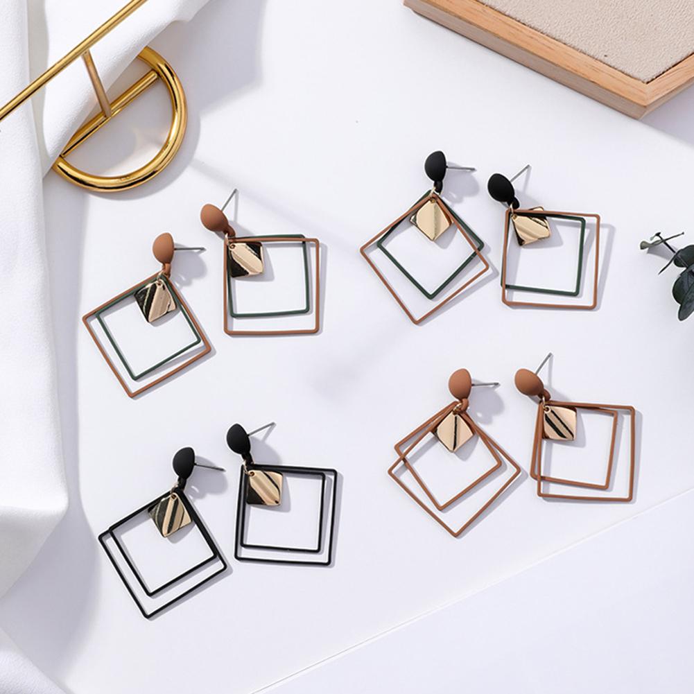 Women Unique Frosted Square Double Layer Geometry Pendant Earrings