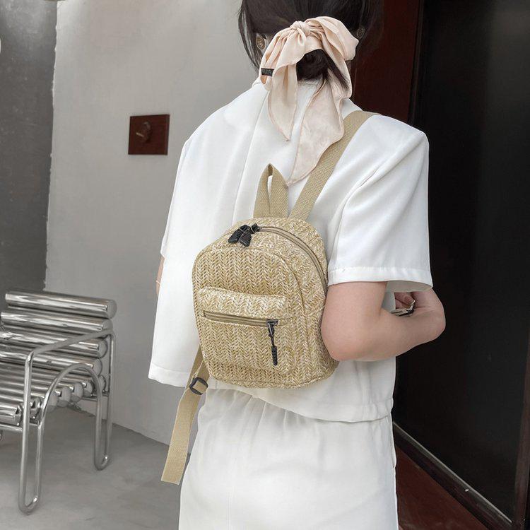 Ethnic Style Double-Layer Zipper Straw Backpack