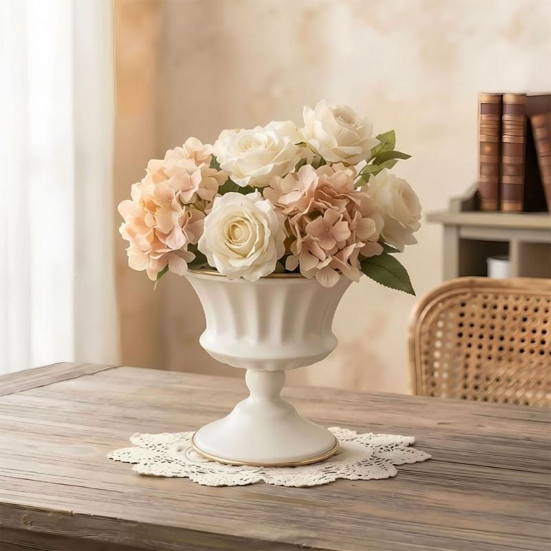 Iron Flower Urn with Fluted Detailing and Wide Raised Base for Wedding Centerpieces and Tabletop Arrangement Displays