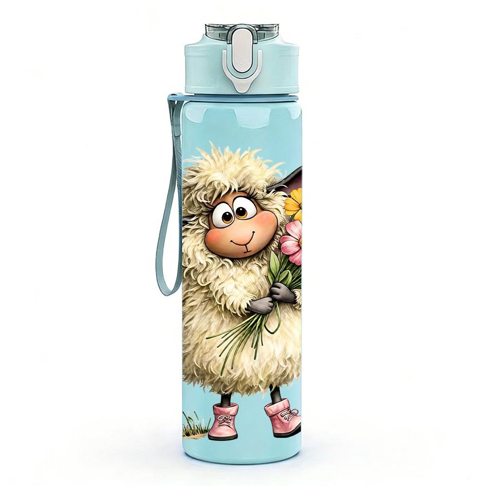 1PC Sheep Hold Flower Bouquet 750ml Color Plastic Sports Water Bottle Leakproof Flip Straw Lid Suitable for Sports Office Home Use