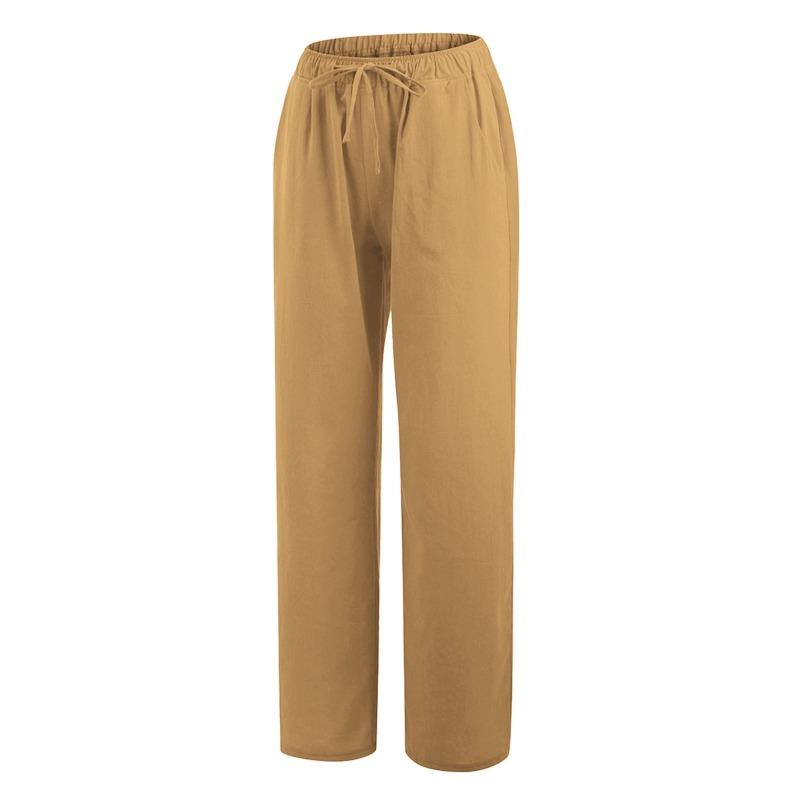 Casual Loose Wide-Leg Linen Pants with Elastic Lace-Up Waistband and Pockets