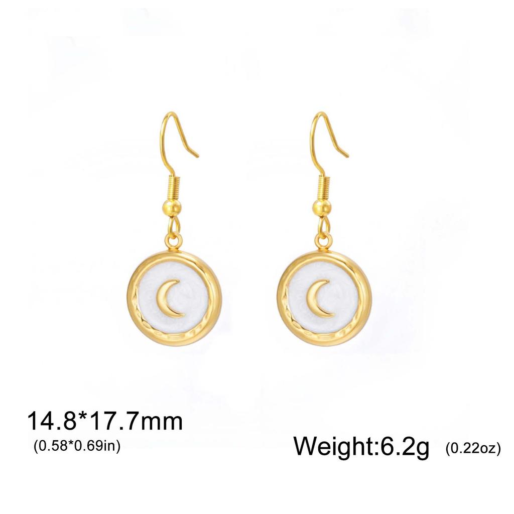 Teamer White Enamel Crescent Round Pendant Stainless Steel Dangle Earrings For Women Girls Fashion Wedding Romantic Jewelry Gift