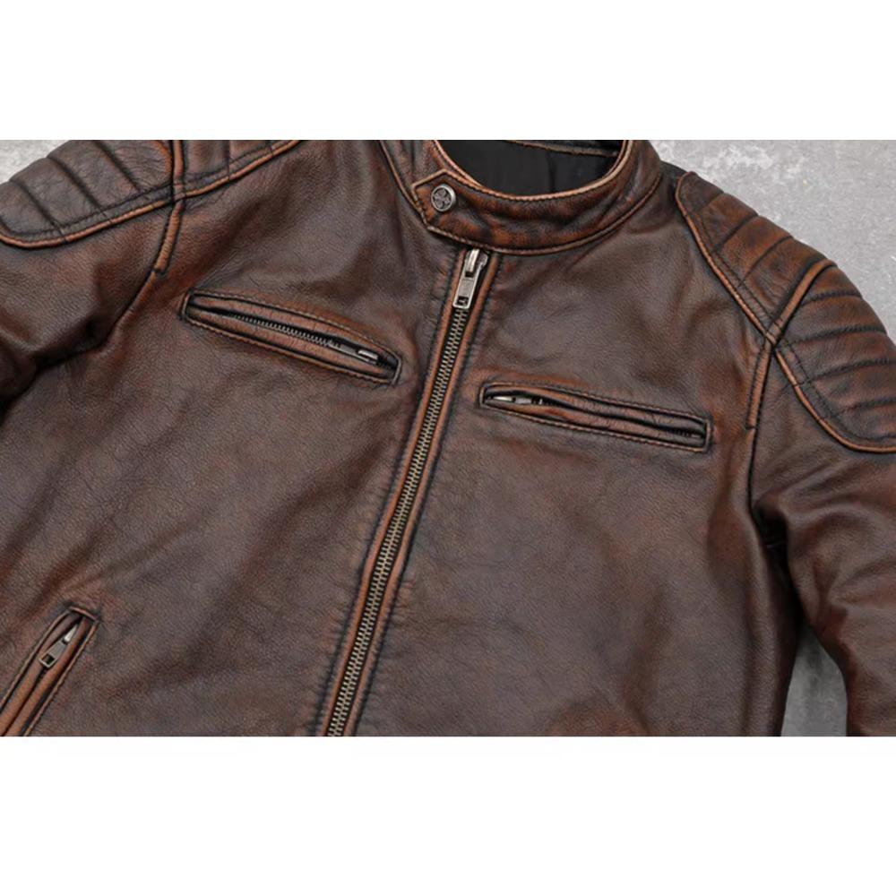 Chinese Size Vintage Red Brown Real Cowhide Genuine Leather Jacket Men Motorcycle Coat Mens Biker Clothes Spring Autumn