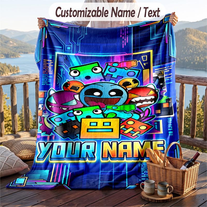 Geometry Dash Flannel Blanket, Personalized Custom Name Text, Soft Warm Plush Throw Blanket For Gift