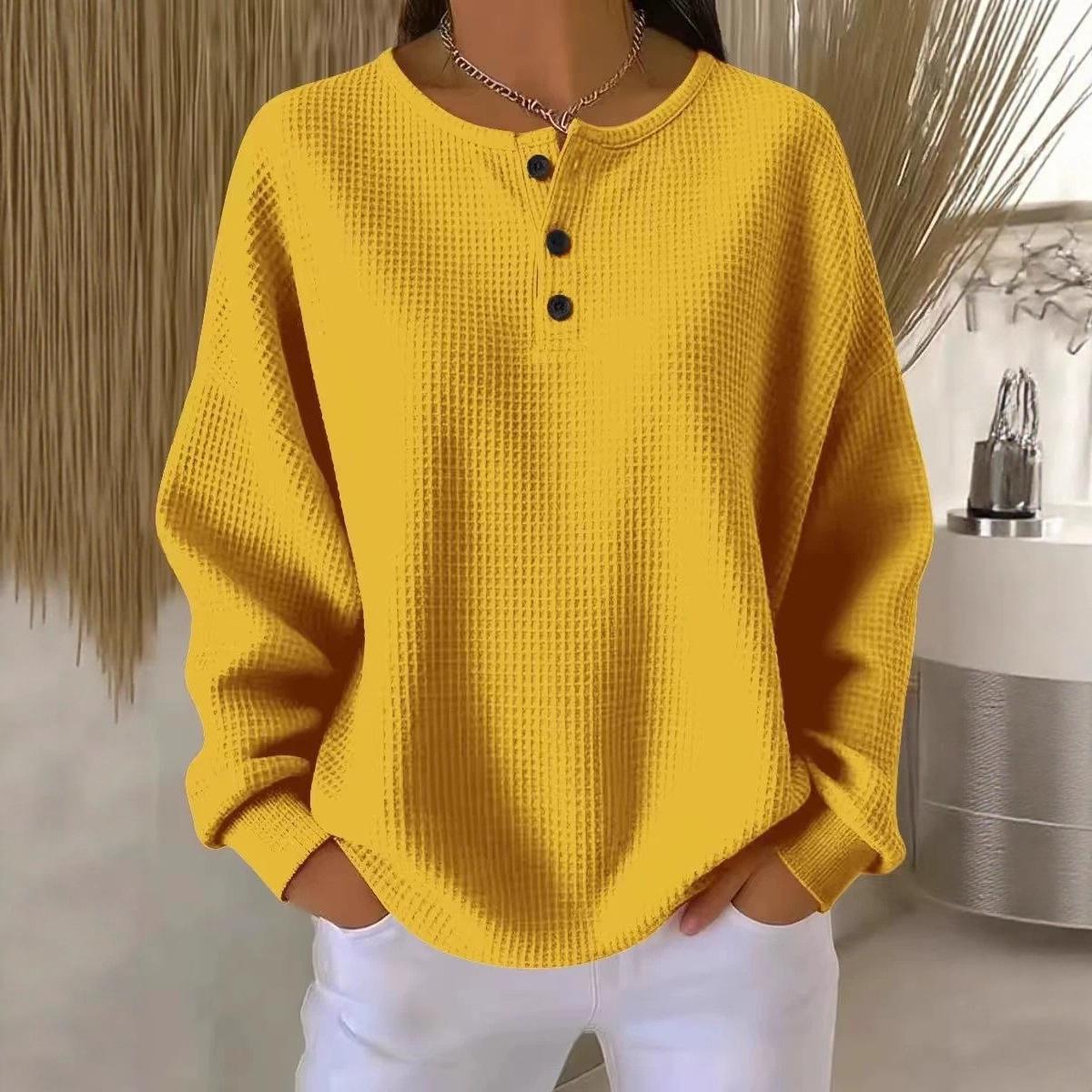 

2025 Autumn/Winter Women s Round Neck Waffle Knit Solid Pullover Top S жовтий