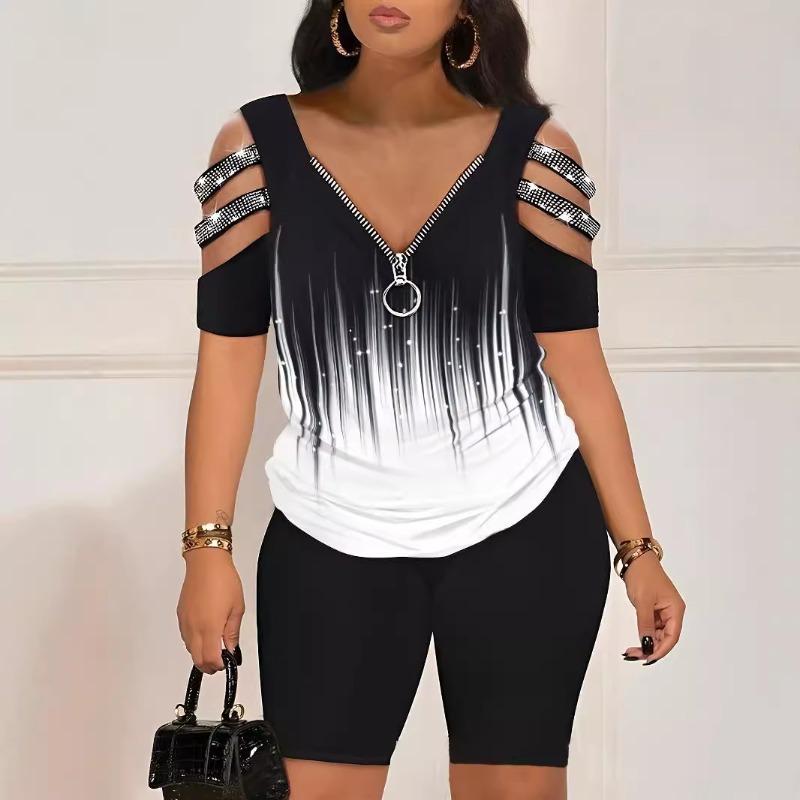 V-neck Zipper Pullover Printed Short-sleeved Fashion Shorts Set