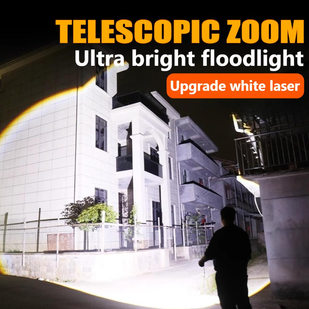 Powerful LED Flashlight White laser Floodlight Rechargeable18650 Spotlight Waterproof Zoom Fishing Hunting Emergency Hand Light