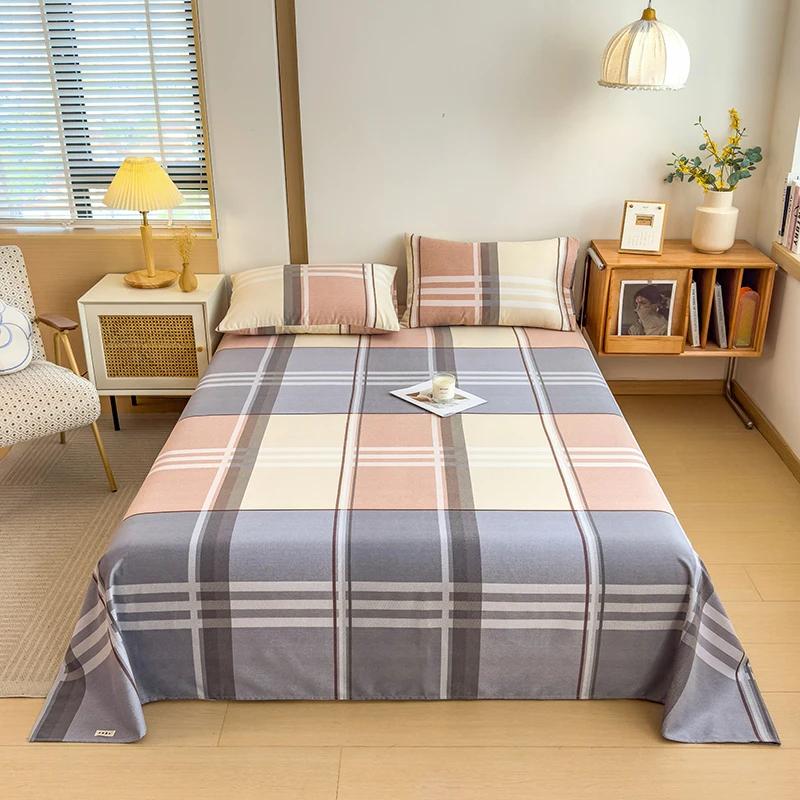 Geometric Plaid Pattern Bed Sheet Set Simple Grid Flat Sheet 100% Cotton Bedding Breathable Durable Sheets with 2 Pillowcases