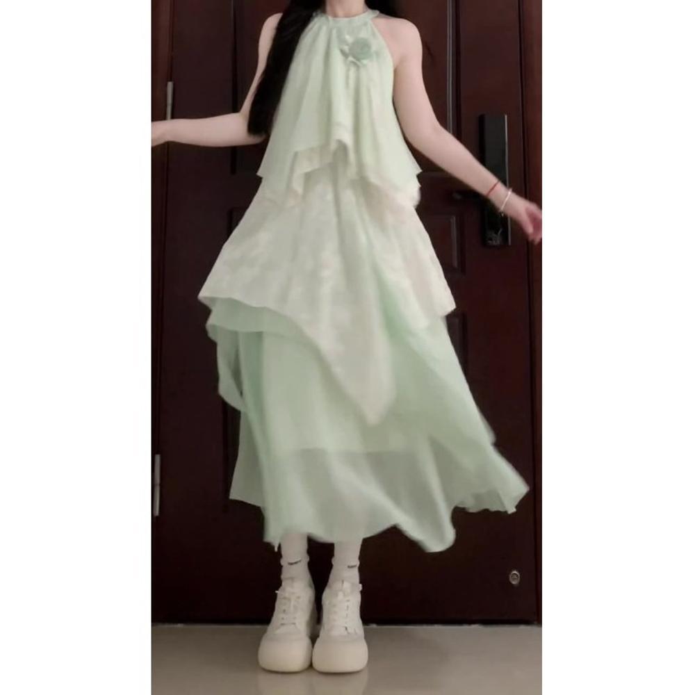 Rochie Verde Mentă Neregulară fără Mâneci cu Gât pentru Femei de Vară Casual Rochie Lungă cu Temperament Nou pentru Femei