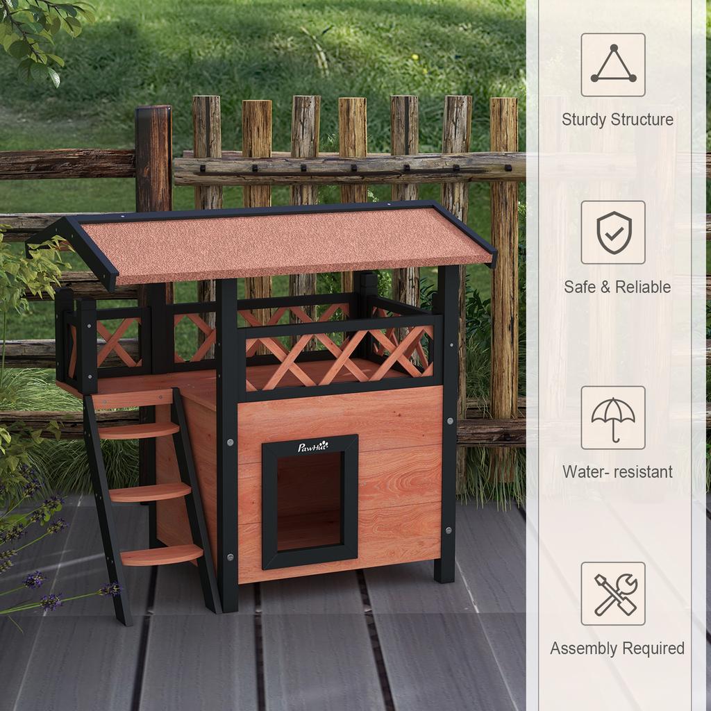Cat House Outdoor W/ Balcony Stairs Roof, 77 X 50 X 73 Cm, Brown