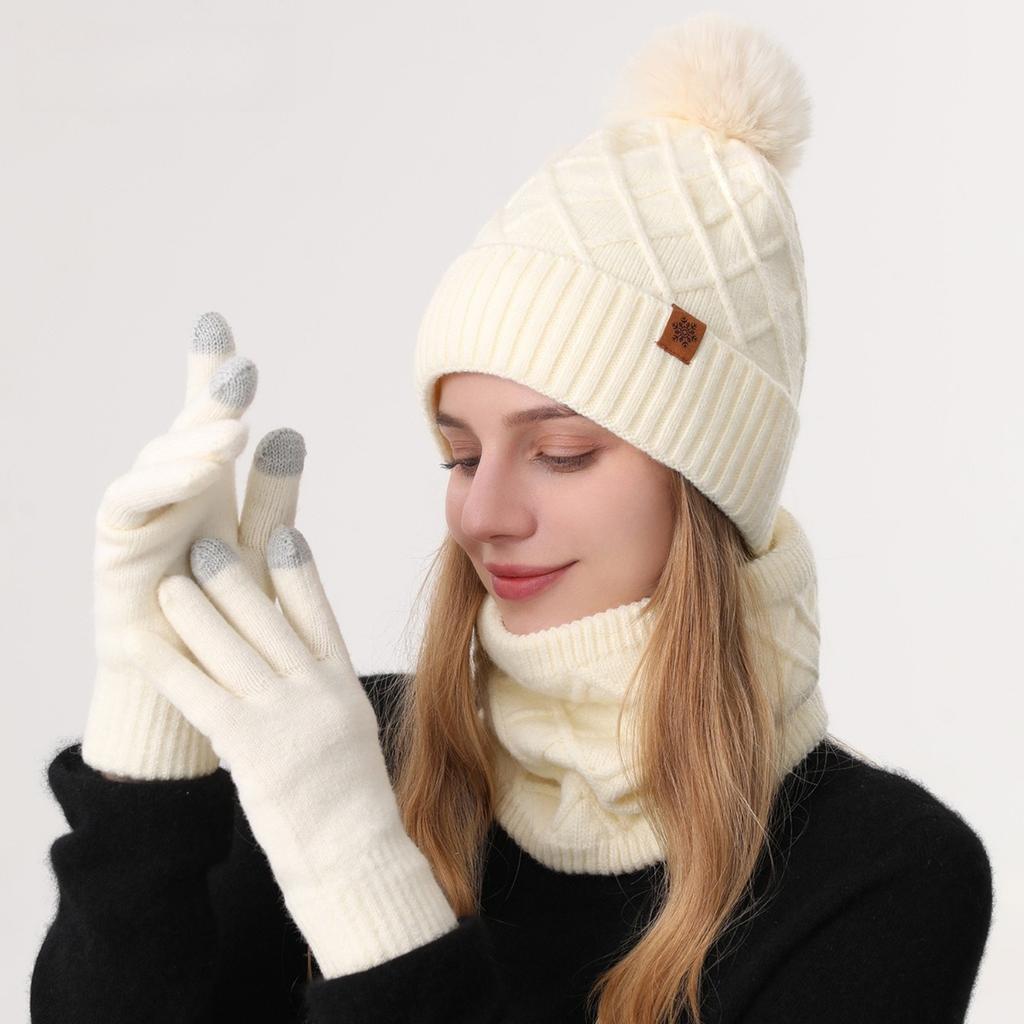 Knitted Hat, Ladies', Cold Hat, Double-layer, Scarf, Outdoor, Warm Hat, Knitted Hat, Gloves, Three Piece Set