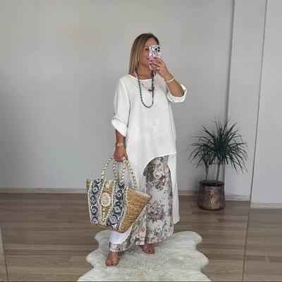 Completo da donna casual top irregolare stampato pantaloni a gamba larga con cintura e tasche