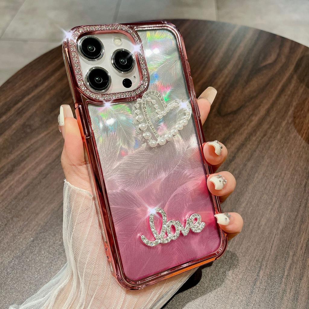 High-end Electroplated Lens with Diamond-encrusted Heart, Suitable for DIY IPhone15Pro Phone Case, Apple 14 Gradient Feather
