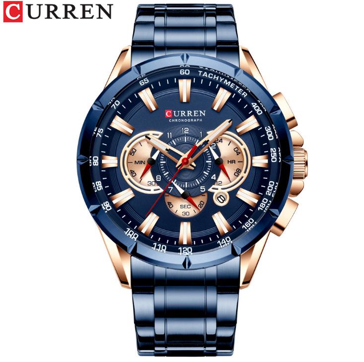 CURREN 8363 Men's Waterproof Quartz Steel Band Watch with Multifunctional Seven-Needle Design and Calendar/Weekday Display.