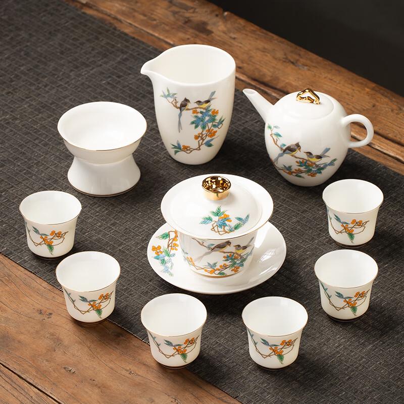 High-End Gold Inlaid Jade White Porcelain Kung Fu Tea Set