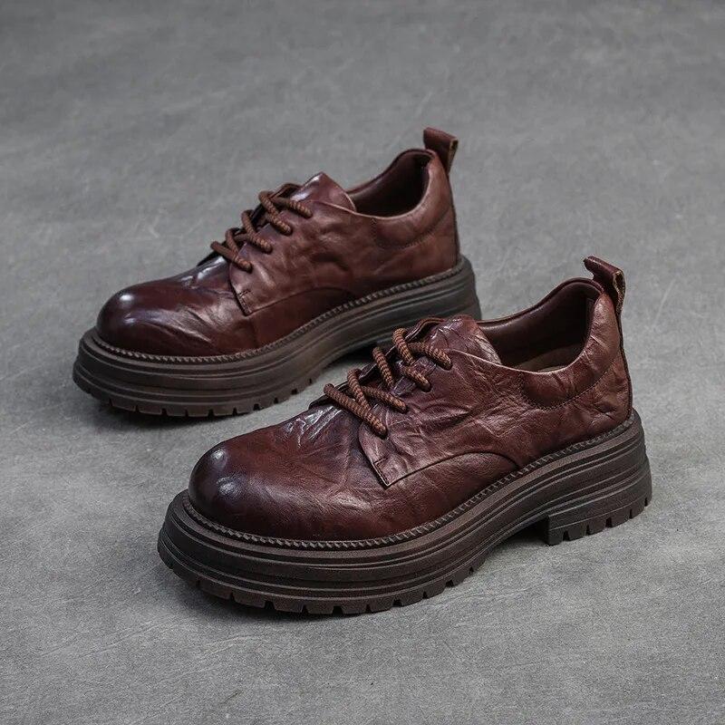 

Johnature/винтажные туфли-лодочки из натуральной кожи в британском стиле, универсальная женская обувь на толстой подошве со шнуровкой 39 коричневый