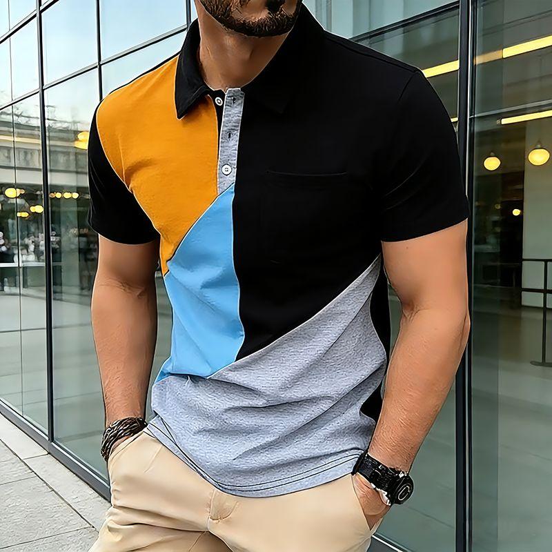 

Summer Men s Irregular Splicing Polo Shirts Short Sleeve Breathable Casual Contrast Color Lapel Collar Streetwear Basic L чёрный