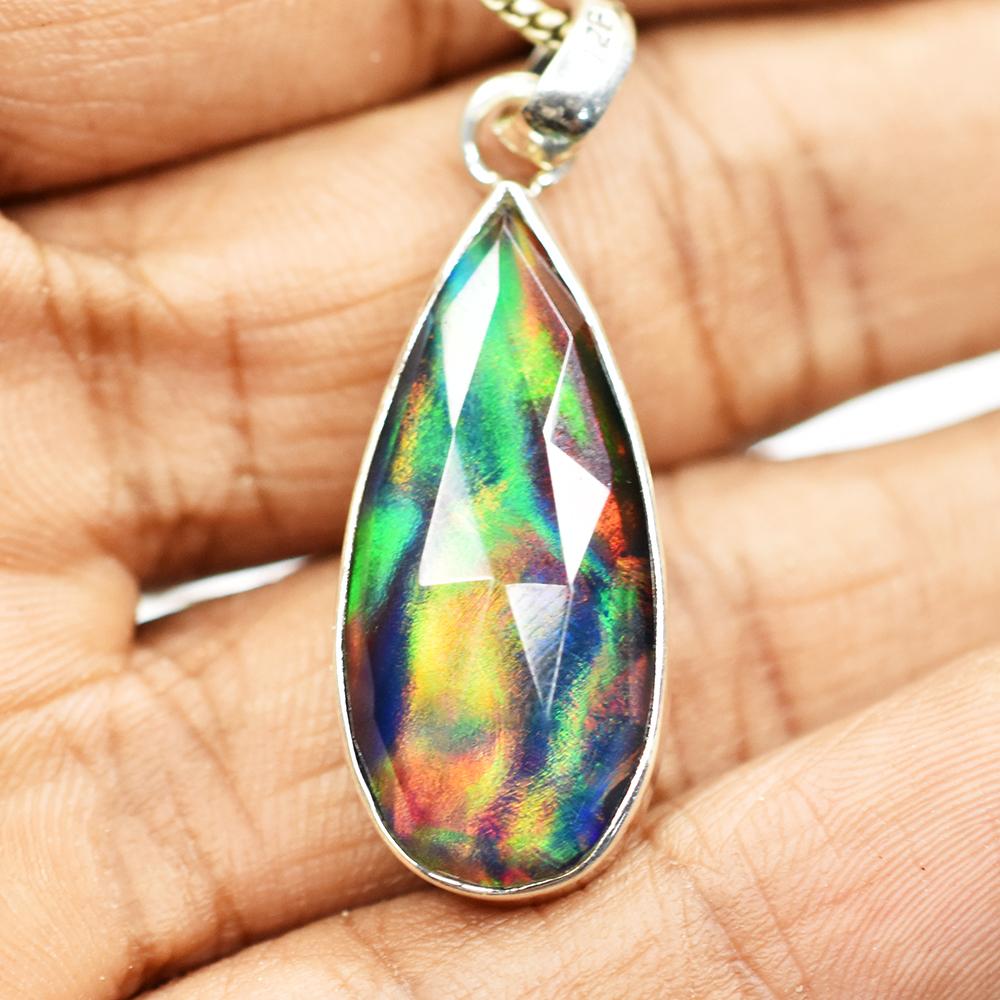 ZERTIFIZIERTER Natürlicher Opal 22 Karat Tropfen 925 Sterlingsilber Anhänger Schmuck