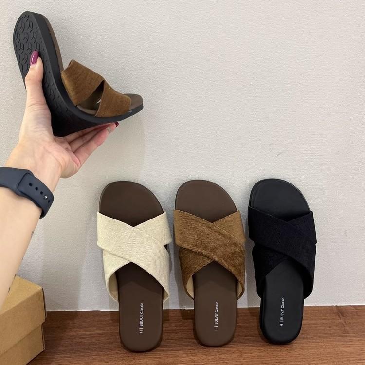 Cross-strapped linen slippers women's outerwear summer new retro casual sandals vacation seaside beach flat sandals